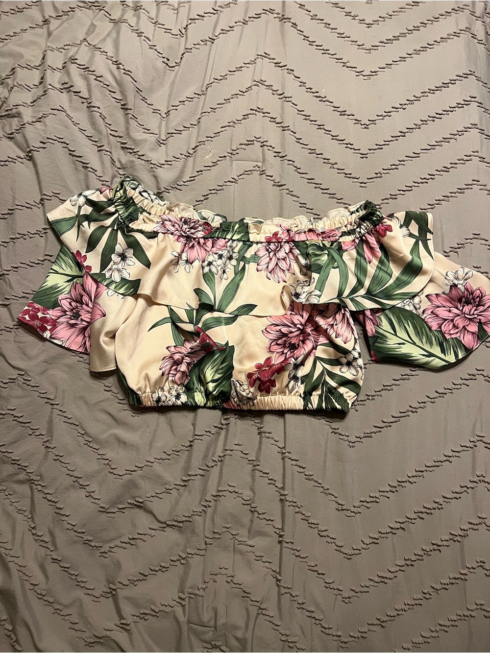 Marciano Floral Off-Shoulder Ruffle Crop Top - Cream/Pink/Green